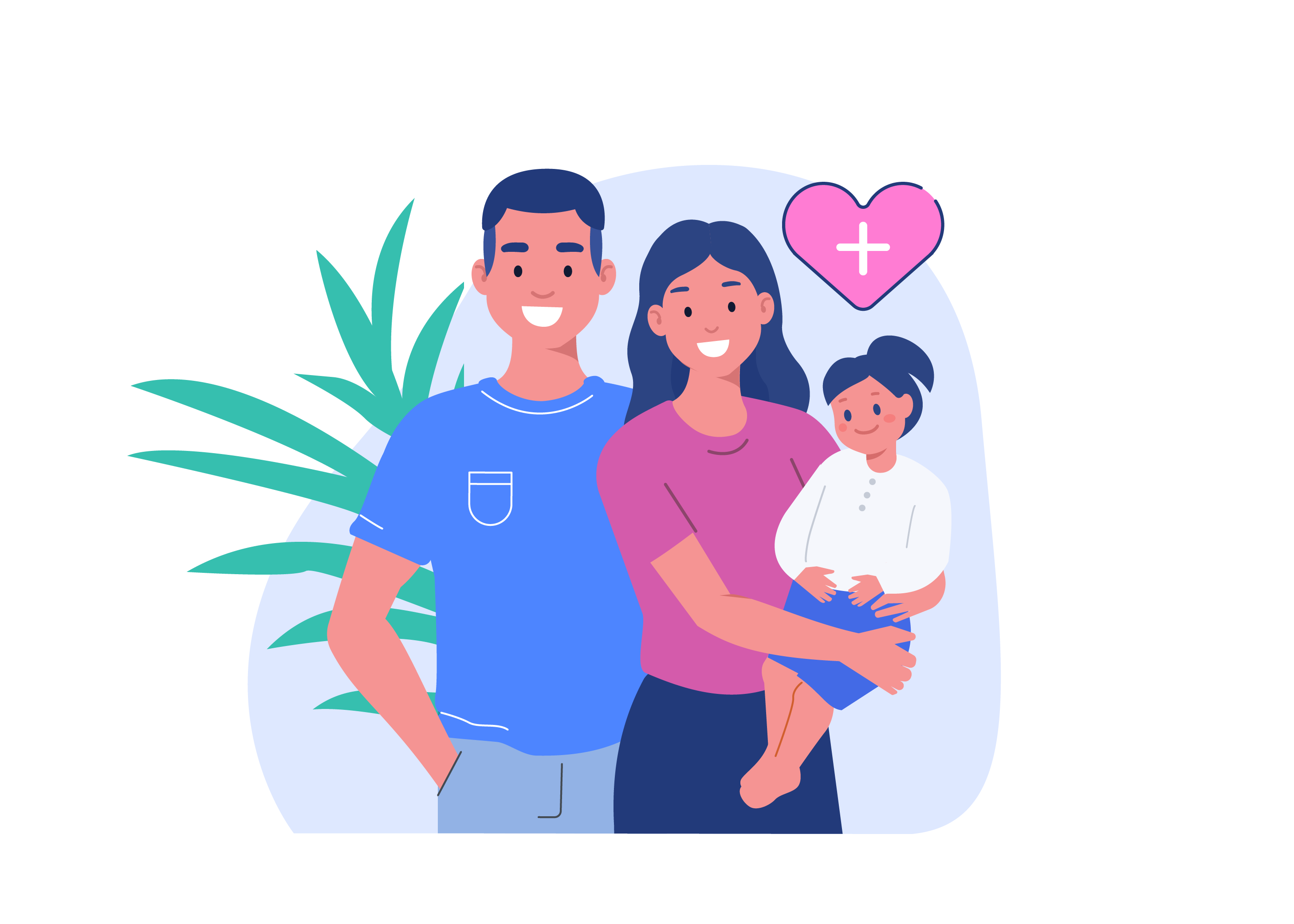 illustrated image of a smiling man, woman, and child