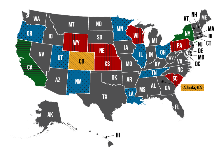 A map of the United States. Kansas, Nebraska, Pennsylvania, South Carolina, Wisconsin, and Wyoming are shaded red. Colorado and Atlanta, GA are shaded yellow. Illinois, Louisiana, Minnesota, New Mexico, Ohio, Oregon, Tennessee, and Utah are shaded blue. California and New York are shaded green. 