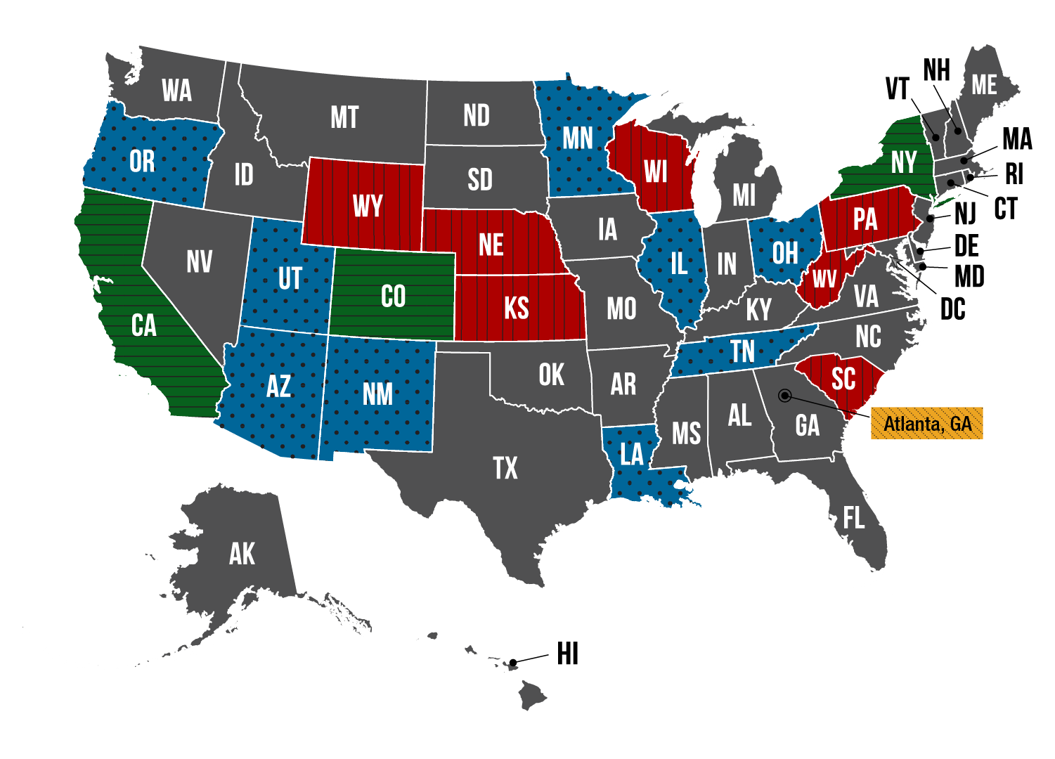 A map of the United States. Kansas, Nebraska, Pennsylvania, South Carolina, West Virginia, Wisconsin, and Wyoming are shaded red. Atlanta, GA is shaded yellow. Arizona, Illinois, Louisiana, Minnesota, New Mexico, Ohio, Oregon, Tennessee, and Utah are shaded blue. California, Colorado, and New York are shaded green.