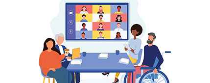 An illustrated image of a few people sitting together while video calling several other people.