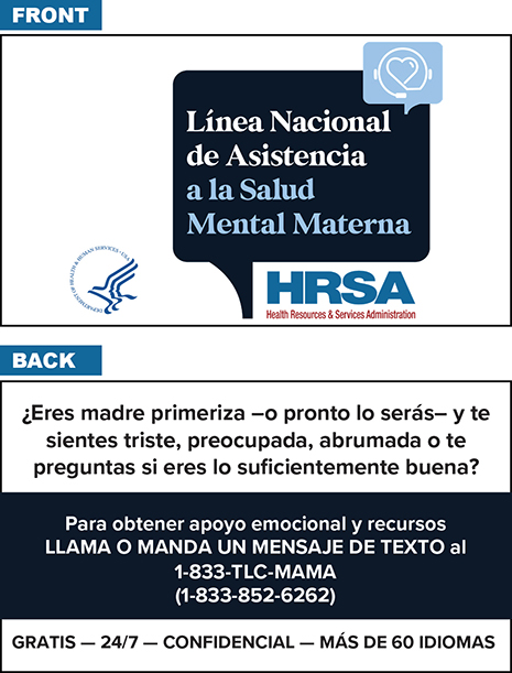 National Maternal Health Hotline wallet card in Spanish