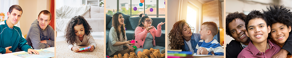 various images of families playing and sitting together