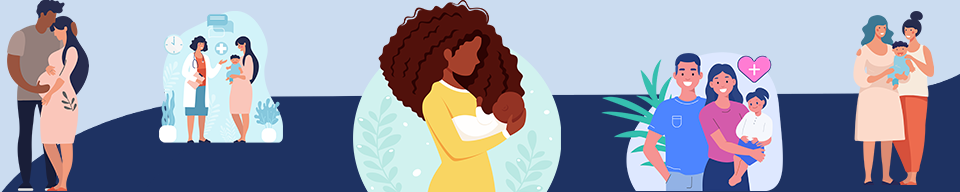 various illustrated images of Black mothers holding their children, talking with doctors, and standing with their families
