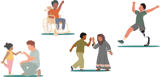Four separate illustrations of a young girl holding hands with a kneeling man, a child in a wheelchair with his hand raised, two children high-fiving, and a child with a prosthetic blade leg.