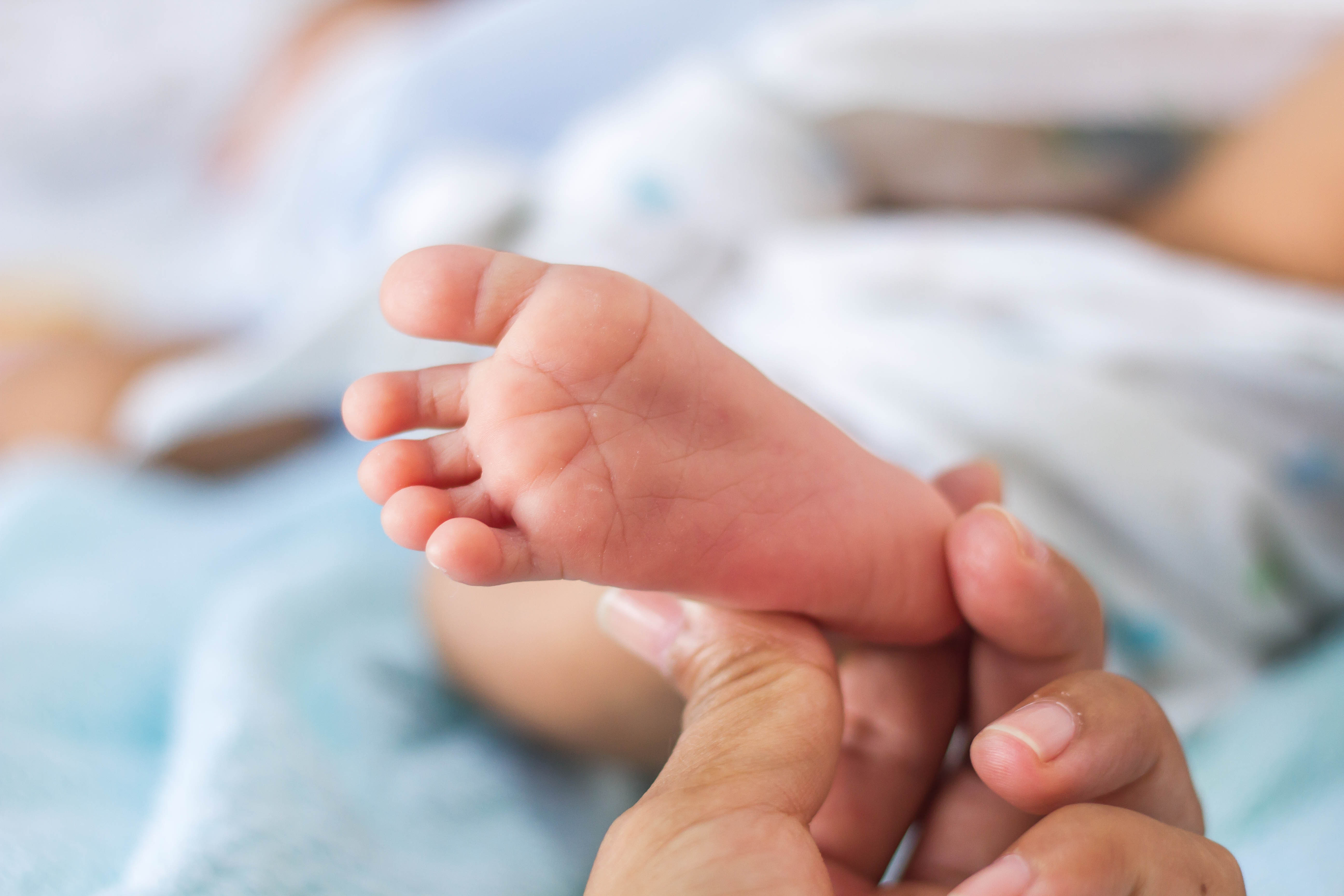 An adult hand holds a baby's foot