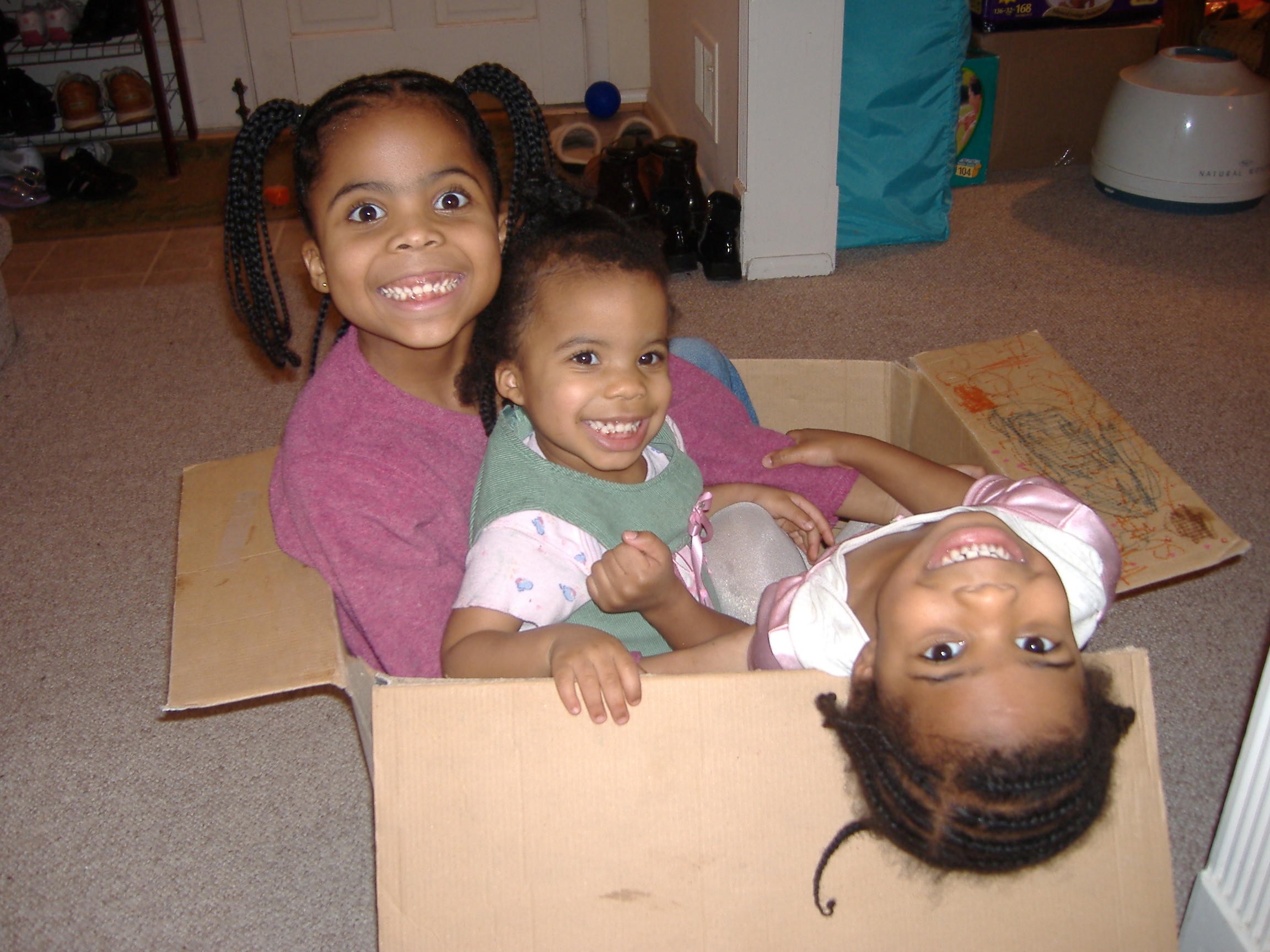 Nicole's three children sit in a box together and smile at the camera.