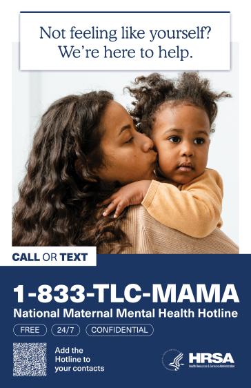 "Not feeling like yourself? We're here to help" text sits above a mother holding her child.