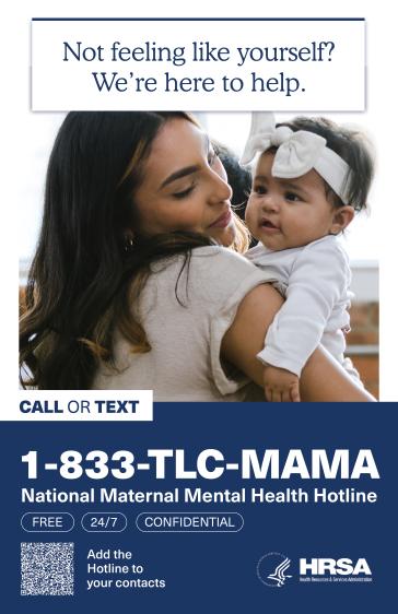 "Not feeling like yourself? We're here to help" text sits above a mother holding her child.