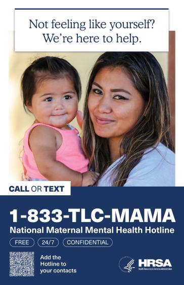 "Not feeling like yourself? We're here to help" text sits above a mother holding her child.