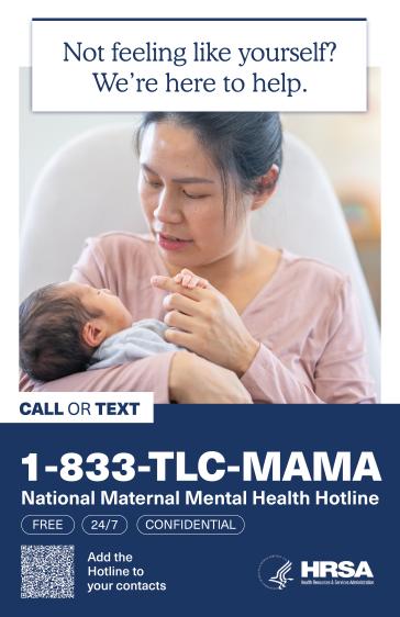 "Not feeling like yourself? We're here to help" text sits above a mother holding her child.