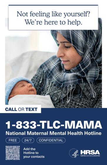 "Not feeling like yourself? We're here to help" text sits above a mother holding her child.