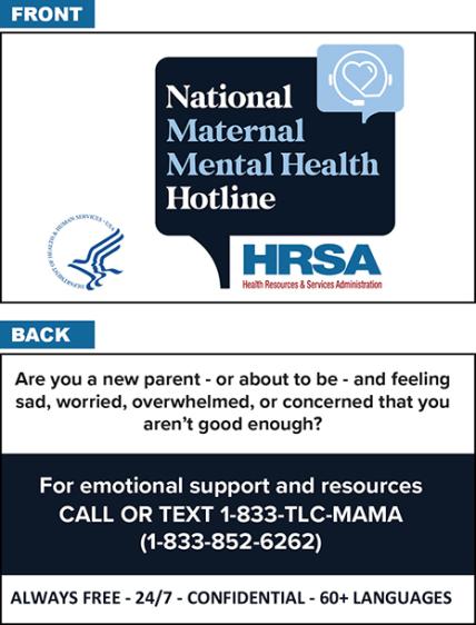 National Maternal Mental Health Hotline wallet card.