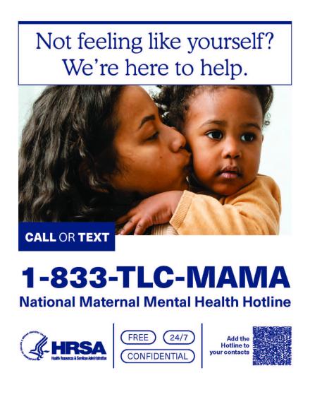 "Not feeling like yourself? We're here to help" text is displayed above a mother holding her baby.